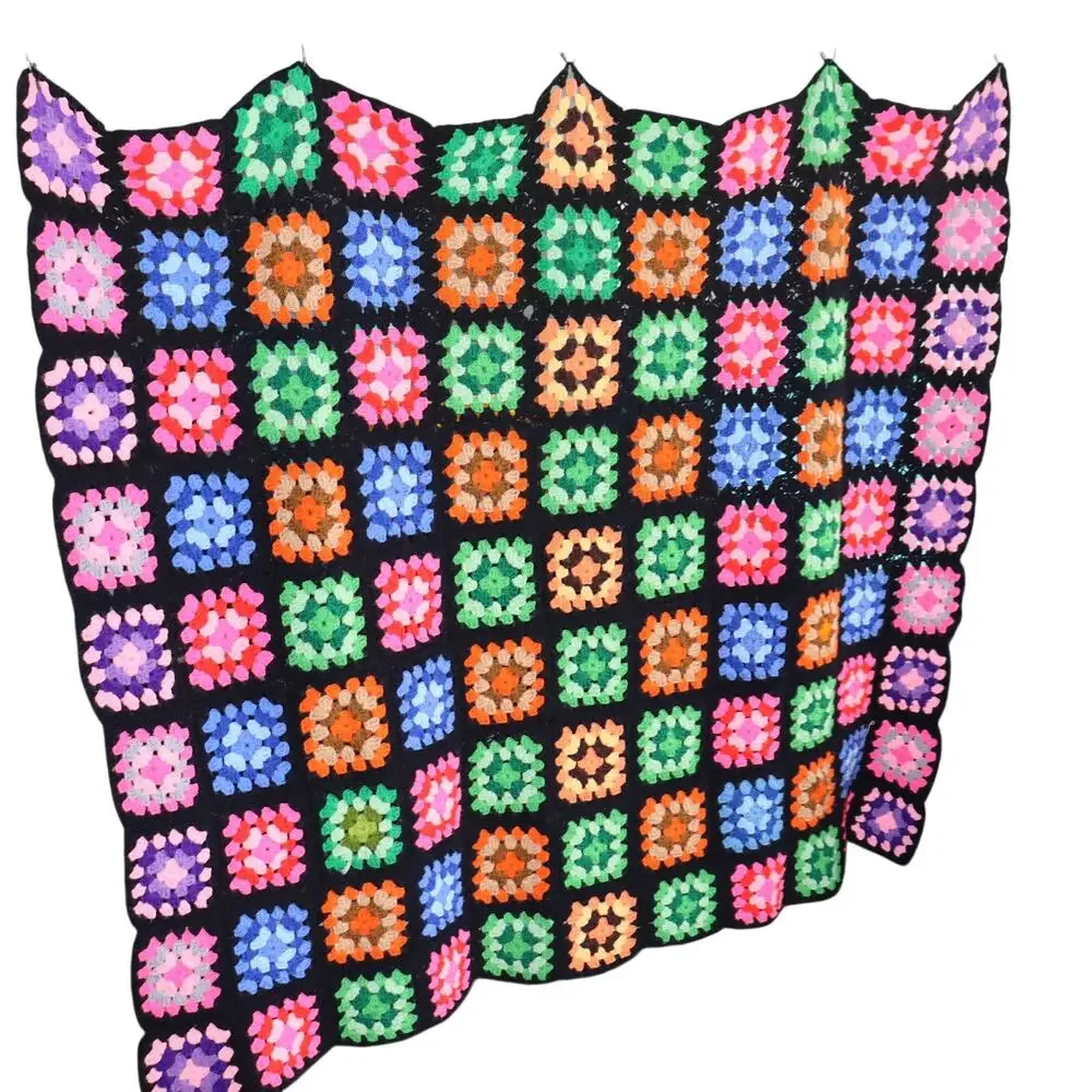 Vintage Granny Square‎ Crochet Blanket 60x54 Black Multicolor Throw
